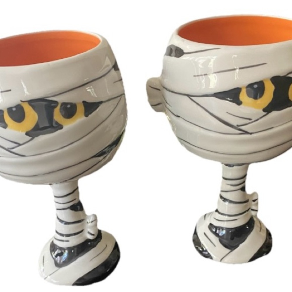 Halloween Mummy Wineglasses/Goblets~~Set of 4~~NWT~~🎃👻~~Spooky Cheers! Ceramic 🎃